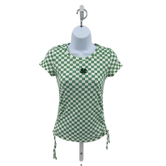 Mighty Fine Green Check St Patricks Day T-Shirt Womens XS Adjustable Tie Ruched - Picture 2 of 8